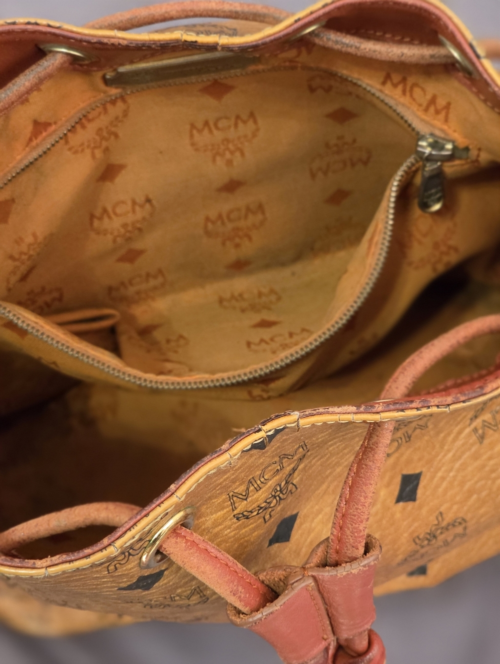 AUTHENTIC Cognac/Chestnut McM Visetos Leather Drawstring Bucket Shoulder Bag - Picture 11 of 15